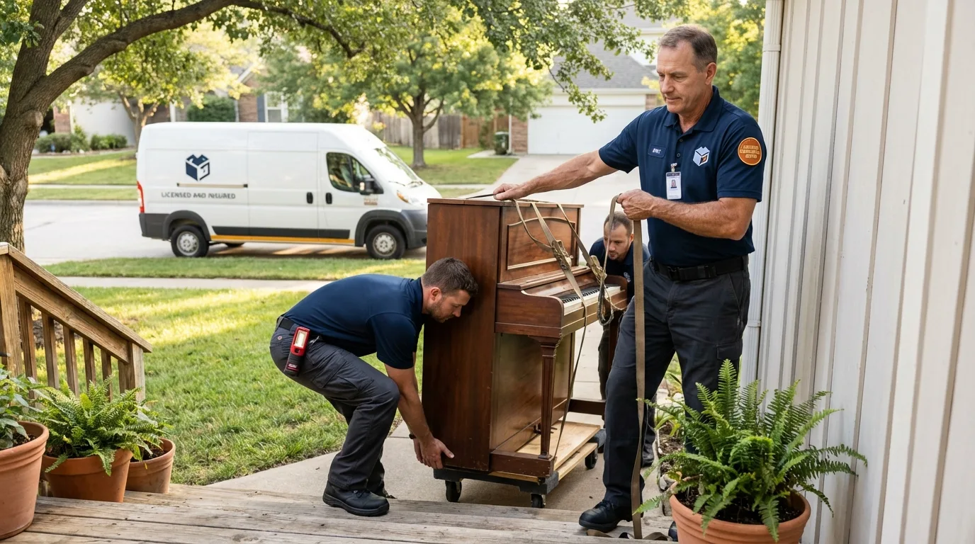 Licensed piano movers securing grand piano in Potosi, MO