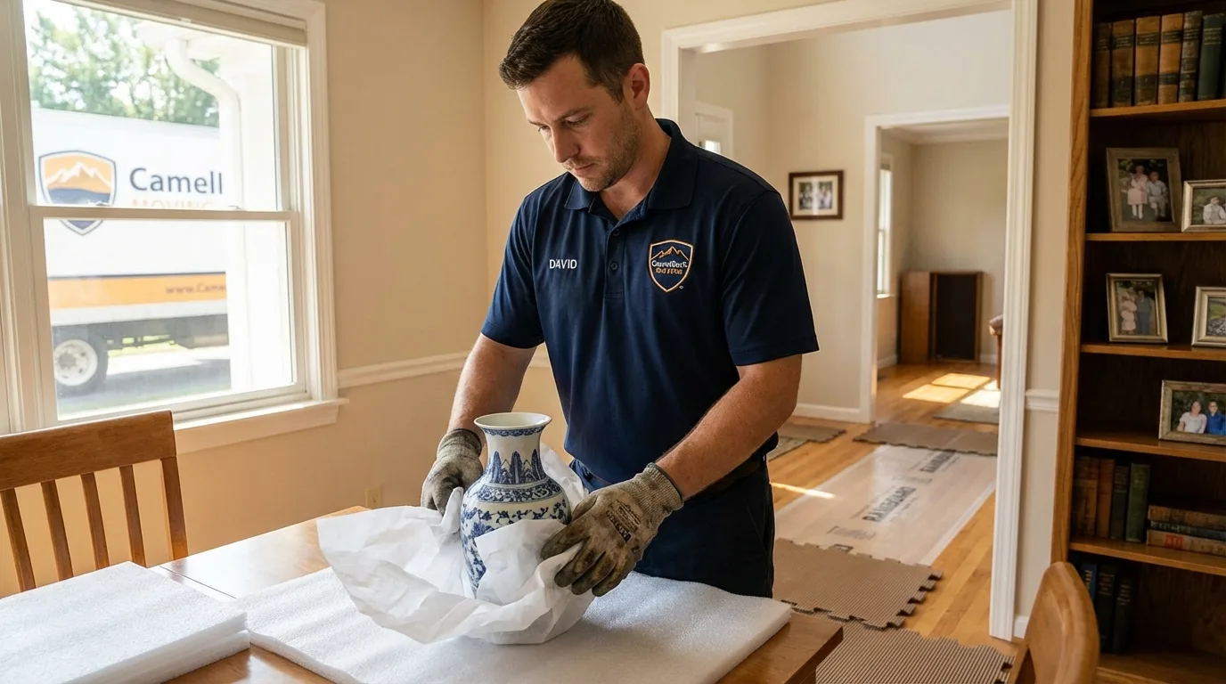 Professional crew carefully wrapping antique vase for senior downsizing move in Potosi, MO